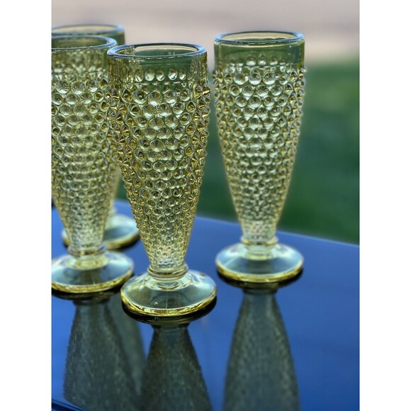 4‎ L.E. Smith Hobnail 8oz Glasses Footed Pedestal Wine Parfait Yellow Gold Amber - Picture 2 of 13